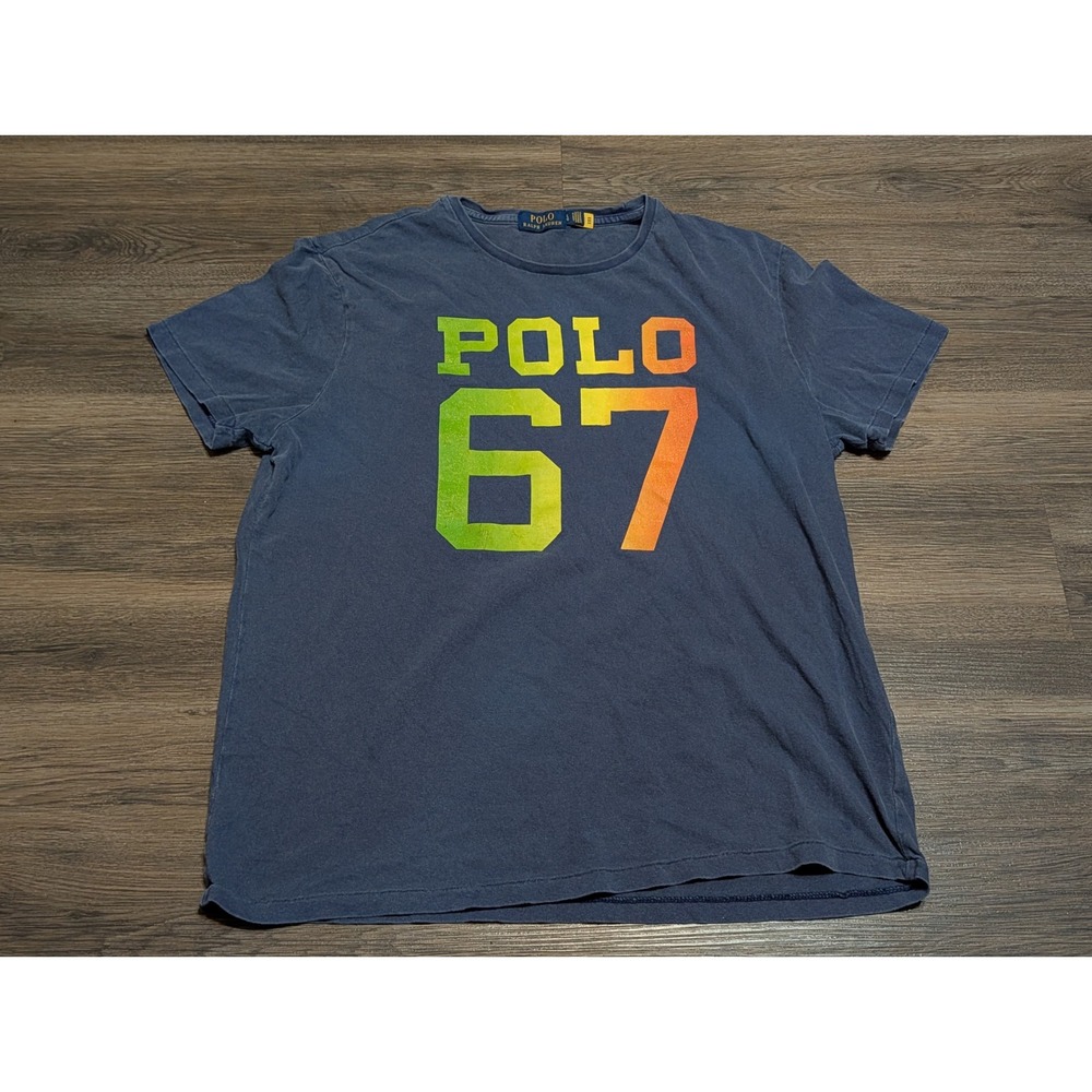 Polo Ralph Lauren Mens Navy Blue Polo 67 Rainbow Gradient Graphic T-Shirt Large